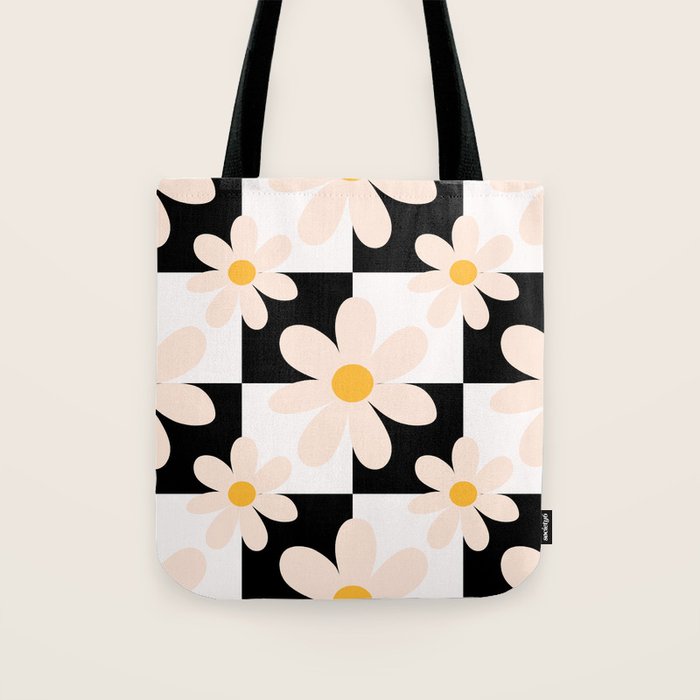 Black and White Checkered Daisy pattern  Tote Bag Gallery Image 1