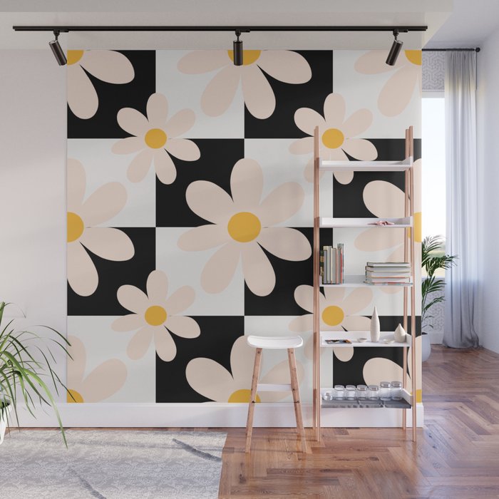 Black and White Checkered Daisy pattern  Wall Mural Gallery Image 1