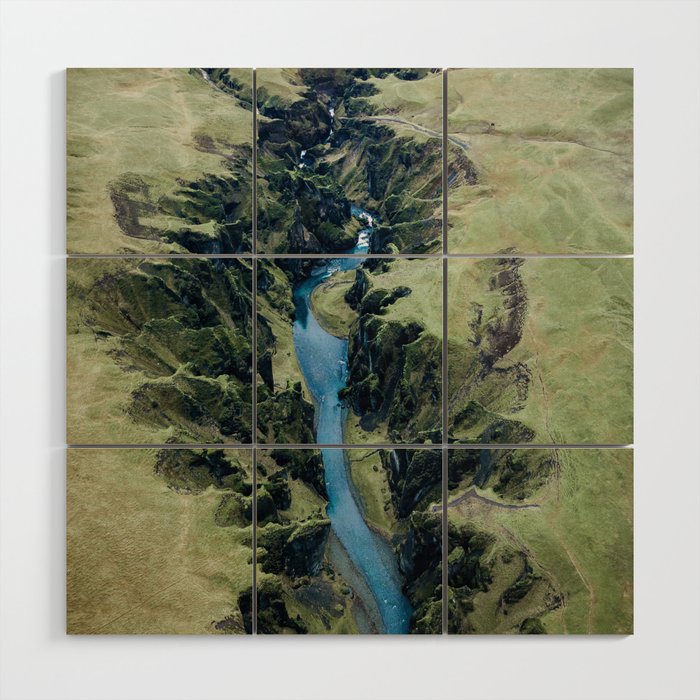 Aerial View of Fjaðrárgljúfur Canyon in Iceland Wood Wall Art Gallery Image 1