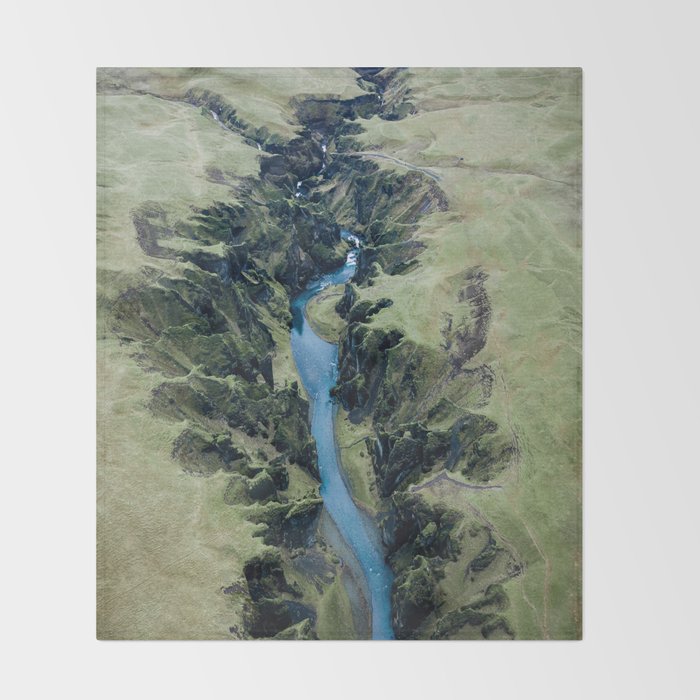 Aerial View of Fjaðrárgljúfur Canyon in Iceland Throw Blanket Gallery Image 2