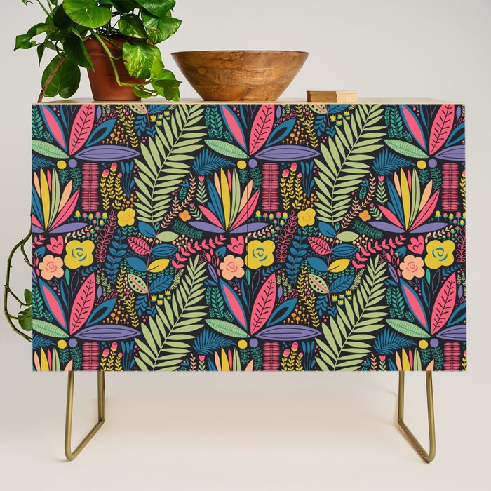 Retro colorful jungle nature plant pattern Credenza Gallery Image 1