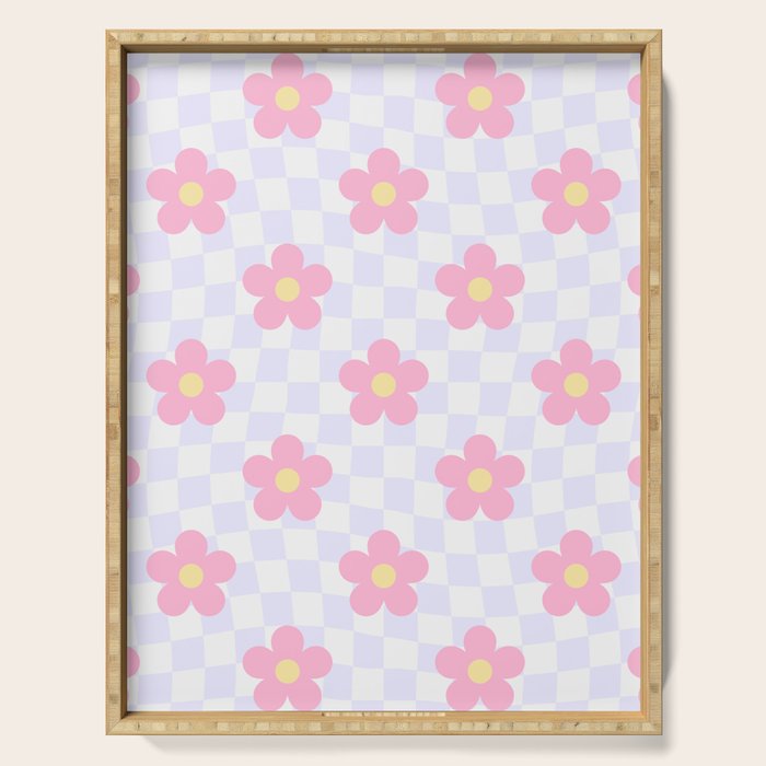 Retro pastel flower checkered art pattern Serving Tray Gallery Image 1