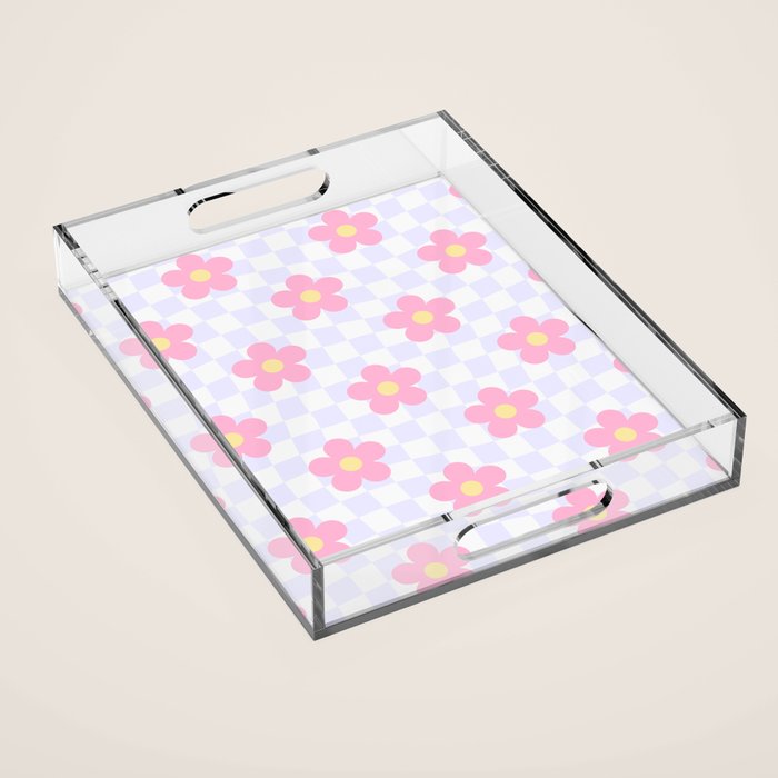 Retro pastel flower checkered art pattern Acrylic Tray Gallery Image 1
