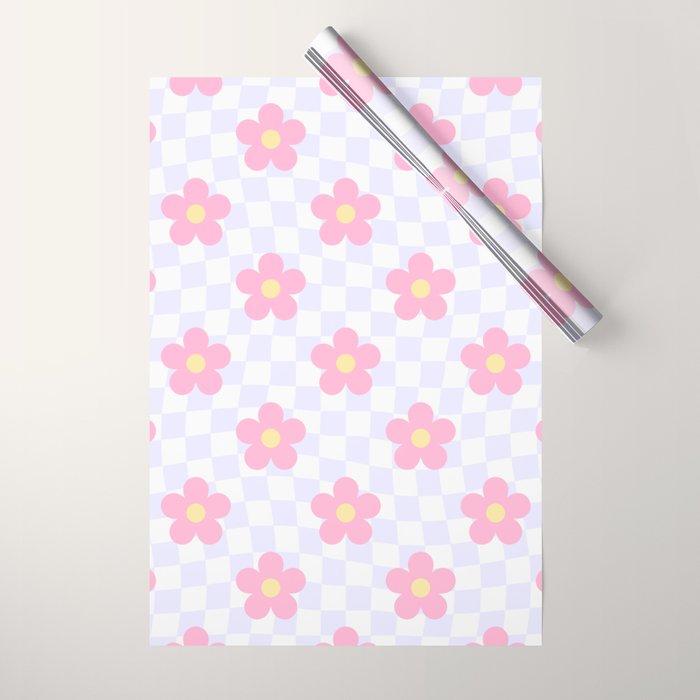 Retro pastel flower checkered art pattern Wrapping Paper Gallery Image 1