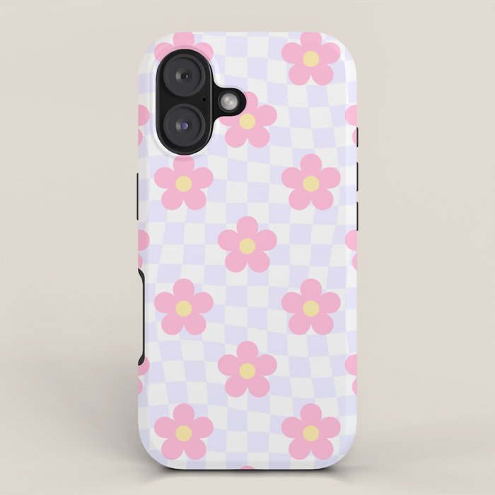 Retro pastel flower checkered art pattern iPhone Case Gallery Image 1