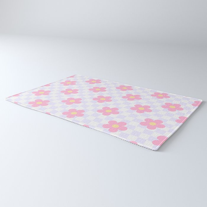 Retro pastel flower checkered art pattern Rug Gallery Image 3