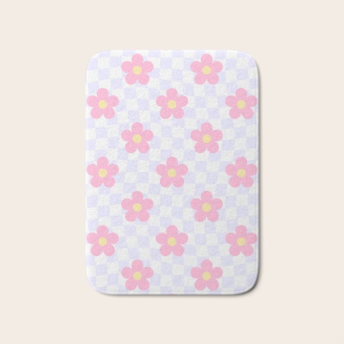 Retro pastel flower checkered art pattern Bath Mat Gallery Image 1