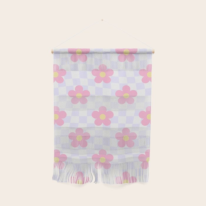 Retro pastel flower checkered art pattern Wall Hanging Gallery Image 1