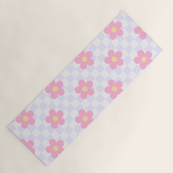 Retro pastel flower checkered art pattern Yoga Mat Gallery Image 1