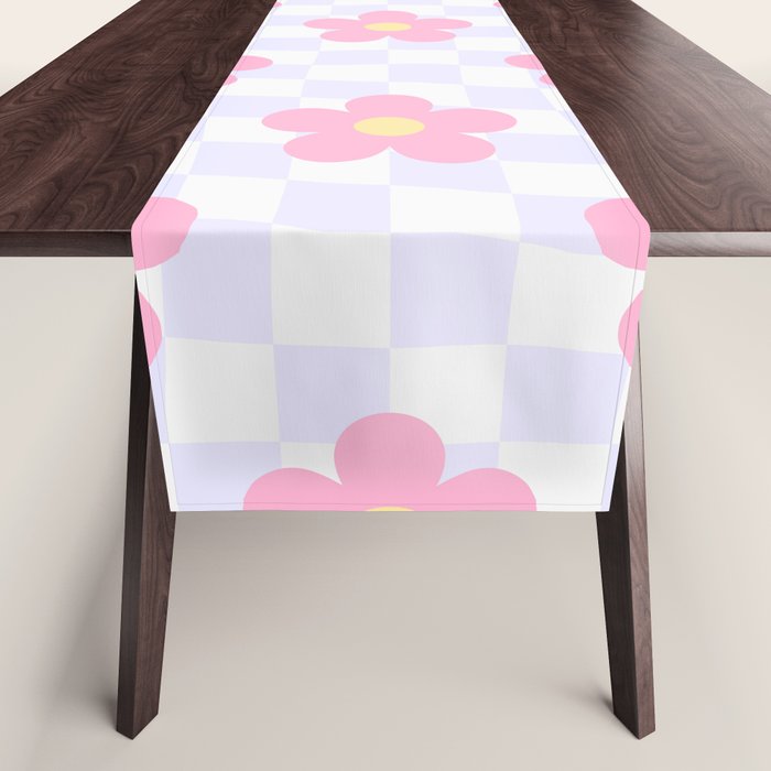 Retro pastel flower checkered art pattern Table Runner Gallery Image 1