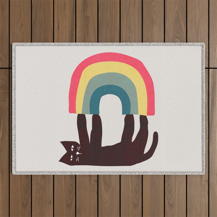 Cat with rainbow Outdoor Rug Gallery Image 1