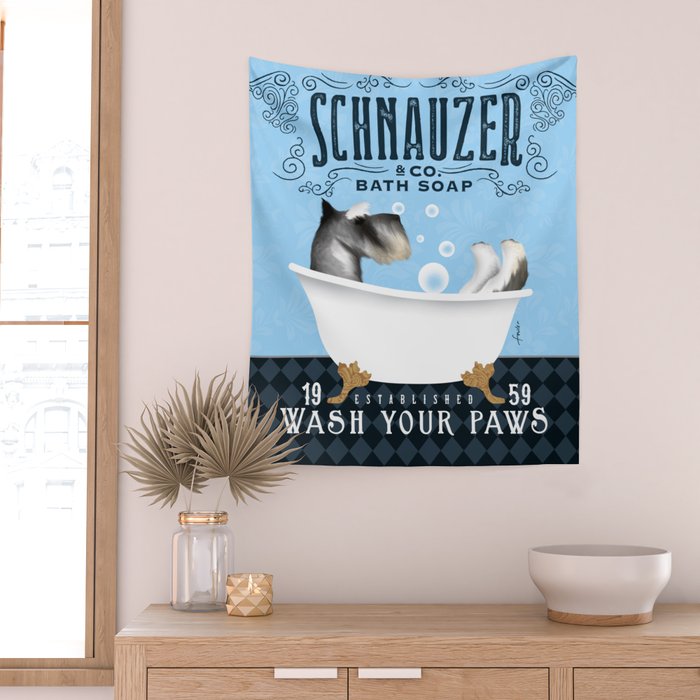 Schnauzer dog clawfoot tub bath bubble bath soap art  Wall Tapestry Gallery Image 2