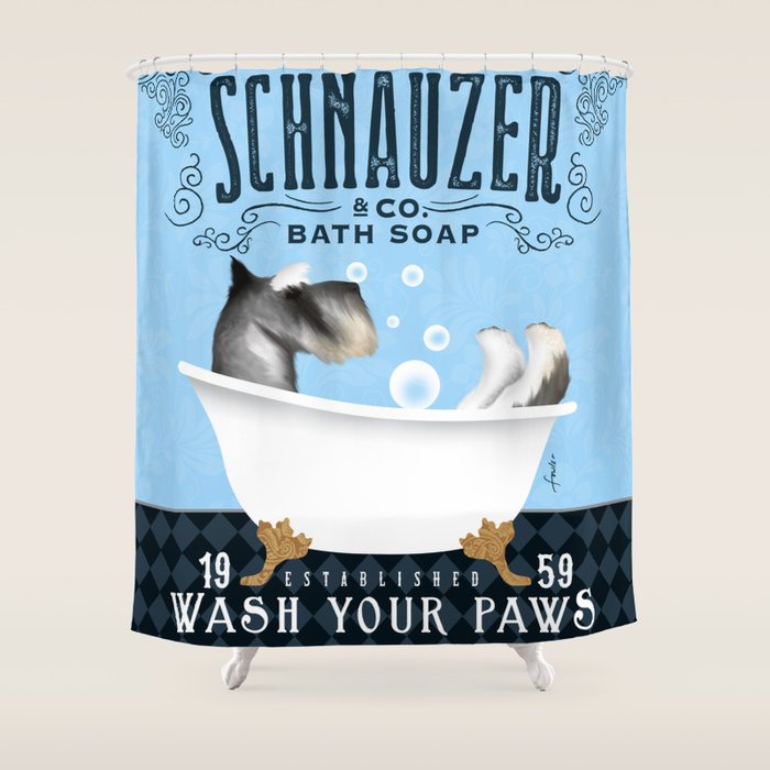 Schnauzer dog clawfoot tub bath bubble bath soap art  Shower Curtain Gallery Image 1