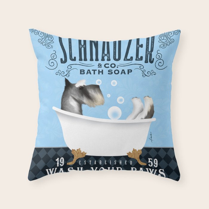 Schnauzer dog clawfoot tub bath bubble bath soap art  Throw Pillow Gallery Image 6