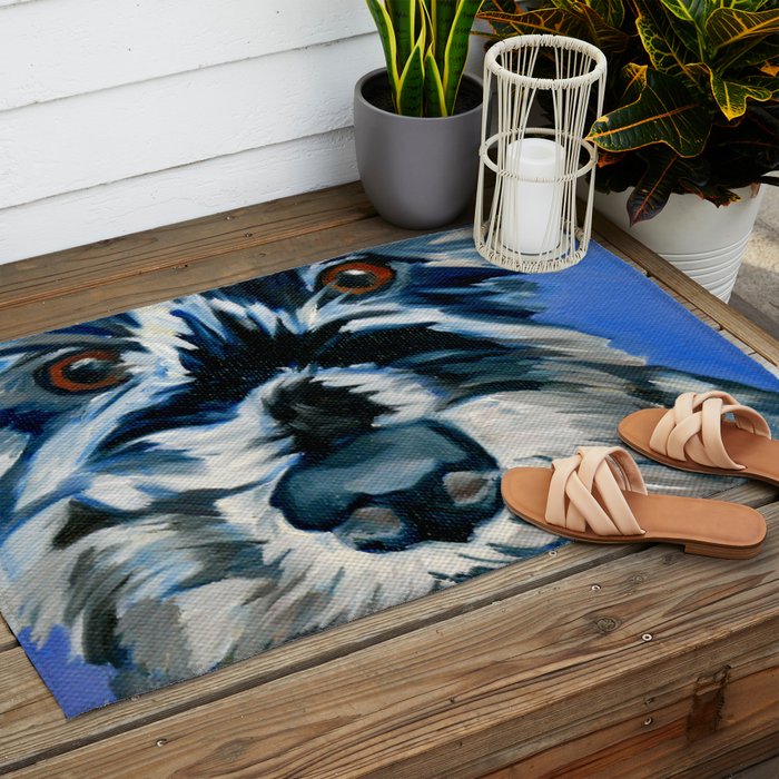 Scruffy Whiskers Black and White Dog Portrait Outdoor Rug Gallery Image 2