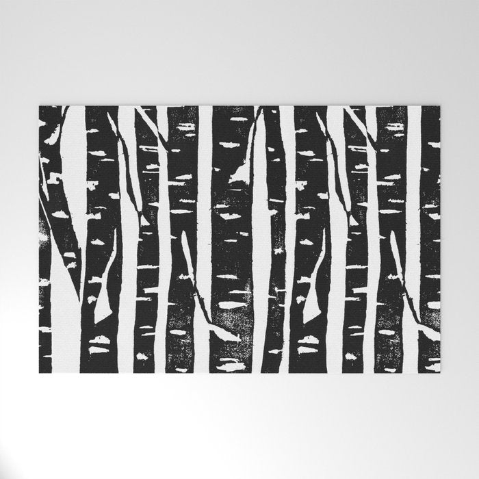 Woodcut Birches Black Welcome Mat Gallery Image 1