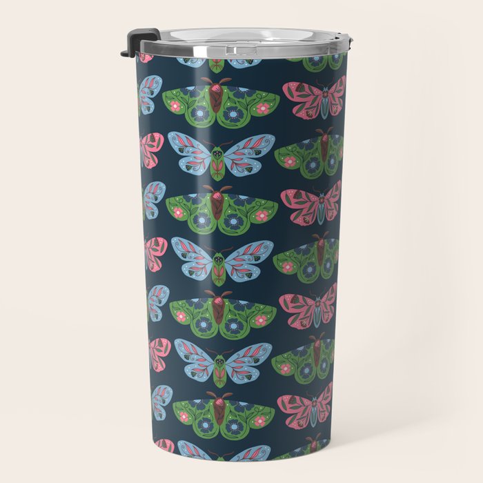 Folk Floral Moths and Butterflies Blue Travel Mug Gallery Image 3