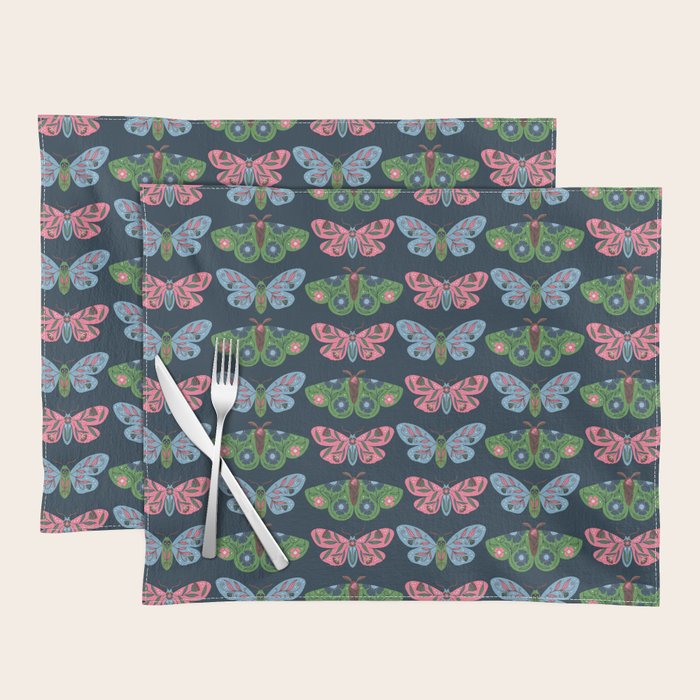 Folk Floral Moths and Butterflies Blue Placemat Gallery Image 1