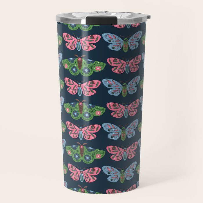 Folk Floral Moths and Butterflies Blue Travel Mug Gallery Image 1