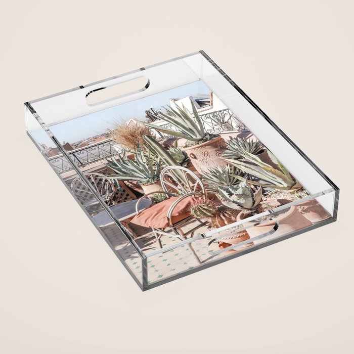 Tropical Rooftop In Marrakech Photo | Cactus Plants Boho Art Print | Morocco Travel Photography Acrylic Tray Gallery Image 1