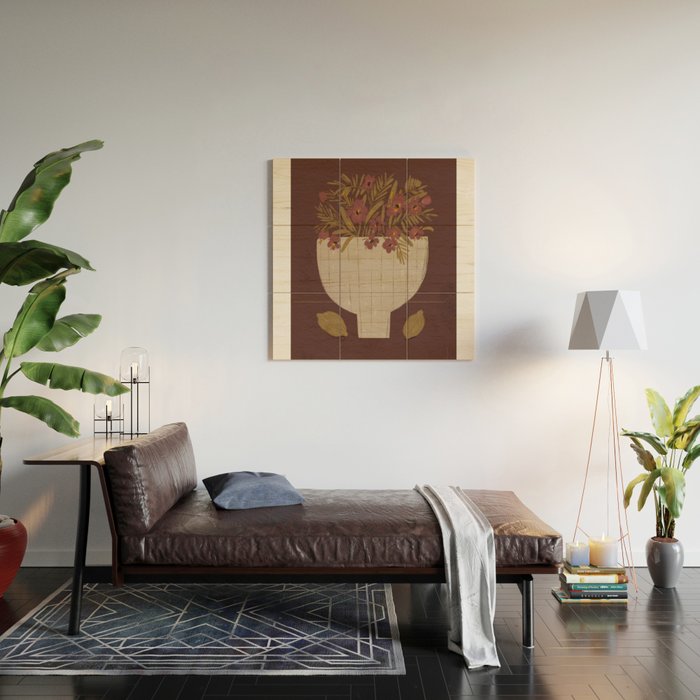 flowers in a vase on a red background Wood Wall Art Gallery Image 2