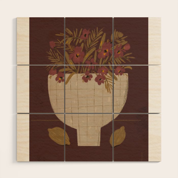 flowers in a vase on a red background Wood Wall Art Gallery Image 1