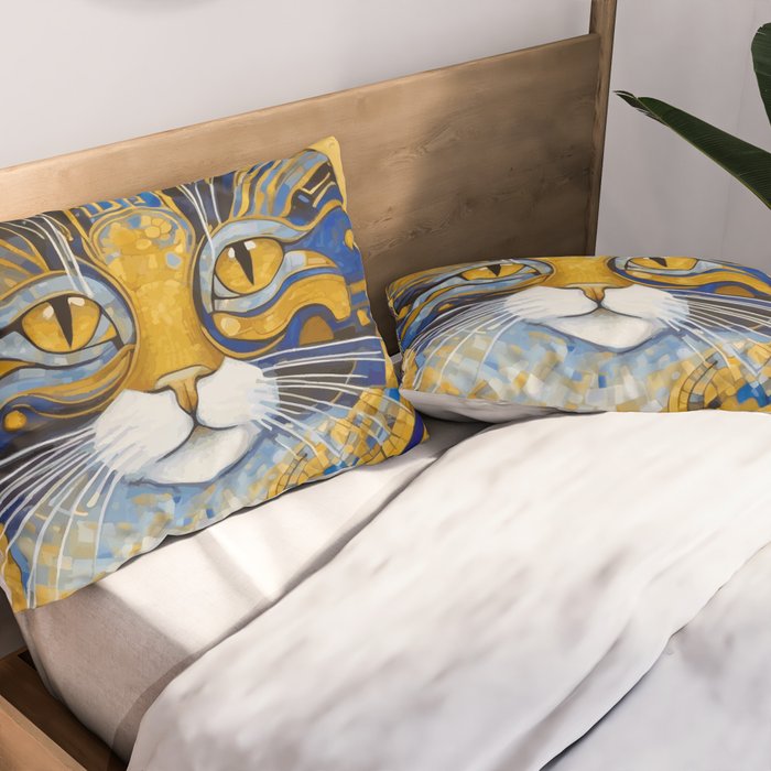 Geometric Blue and Gold Klimt Cat Pillow Sham Gallery Image 2
