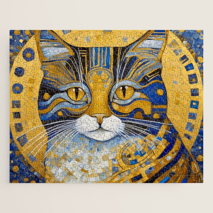 Geometric Blue and Gold Klimt Cat Jigsaw Puzzle Gallery Image 1