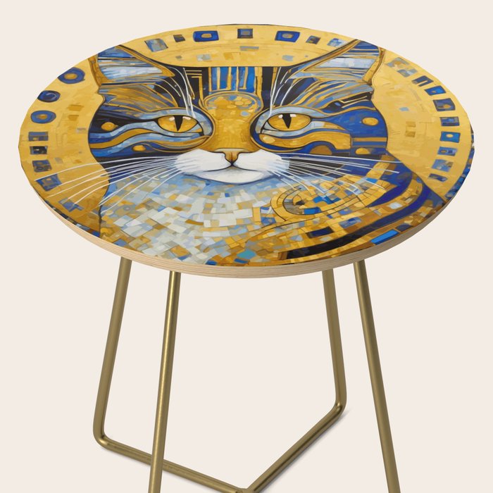 Geometric Blue and Gold Klimt Cat Side Table Gallery Image 2