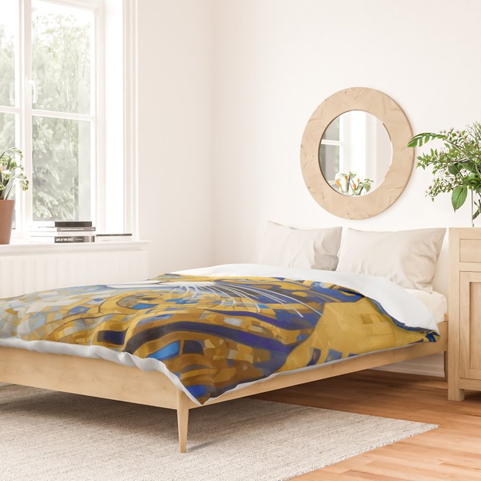 Geometric Blue and Gold Klimt Cat Duvet Cover Gallery Image 2