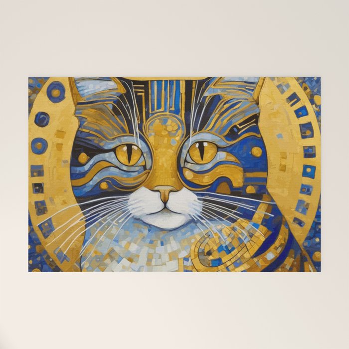 Geometric Blue and Gold Klimt Cat Welcome Mat Gallery Image 1