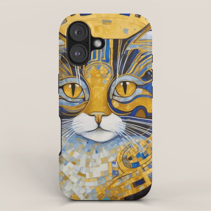 Geometric Blue and Gold Klimt Cat iPhone Case Gallery Image 1