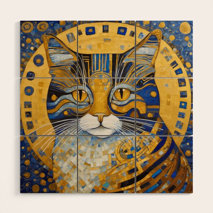 Geometric Blue and Gold Klimt Cat Wood Wall Art Gallery Image 1