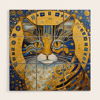 Geometric Blue and Gold Klimt Cat Wood Wall Art Gallery Image 1