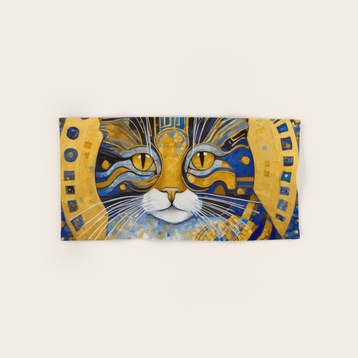 Geometric Blue and Gold Klimt Cat Bath Towel Gallery Image 1