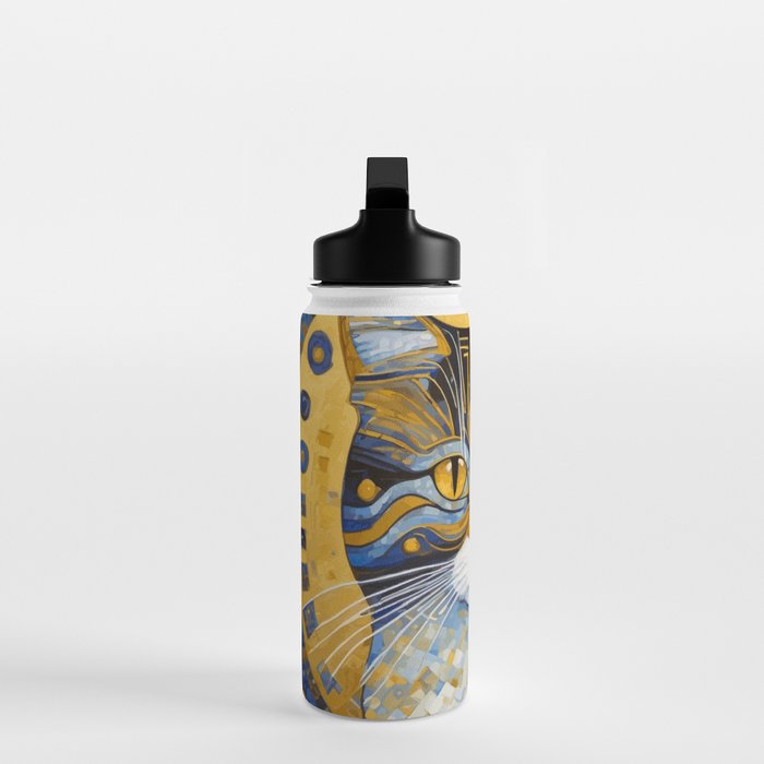 Geometric Blue and Gold Klimt Cat Water Bottle Gallery Image 3