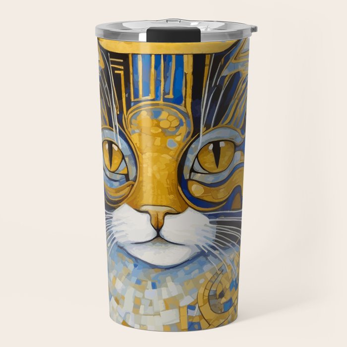 Geometric Blue and Gold Klimt Cat Travel Mug Gallery Image 1