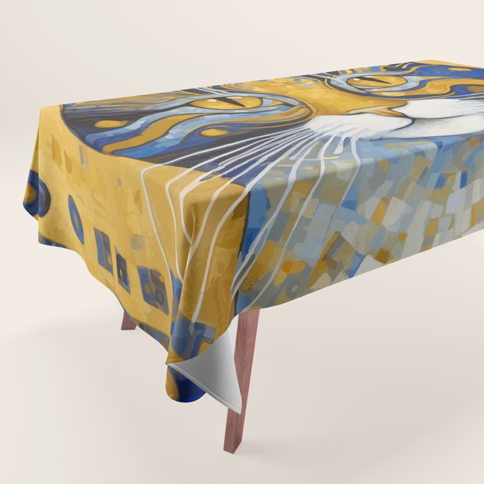 Geometric Blue and Gold Klimt Cat Tablecloth Gallery Image 1