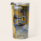 Geometric Blue and Gold Klimt Cat Travel Mug Gallery Image 3