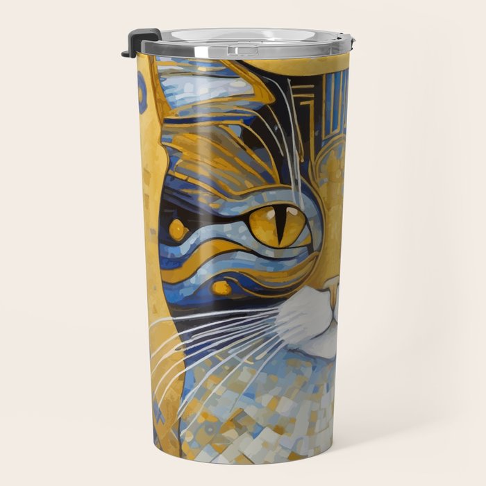 Geometric Blue and Gold Klimt Cat Travel Mug Gallery Image 3
