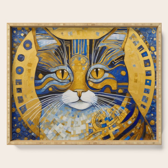 Geometric Blue and Gold Klimt Cat Serving Tray Gallery Image 1