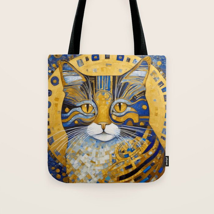 Geometric Blue and Gold Klimt Cat Tote Bag Gallery Image 1
