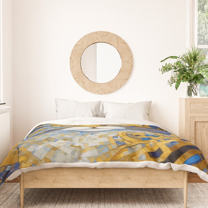 Geometric Blue and Gold Klimt Cat Duvet Cover Gallery Image 3