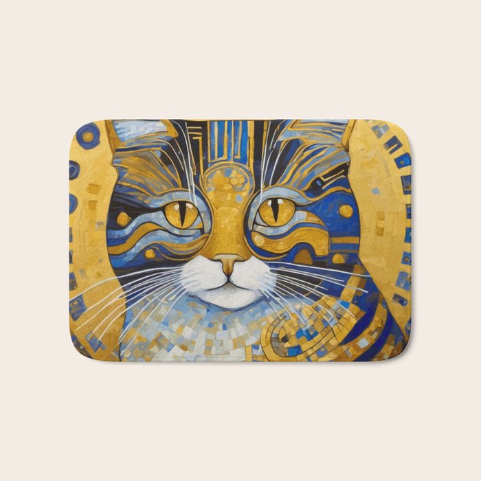 Geometric Blue and Gold Klimt Cat Bath Mat Gallery Image 1