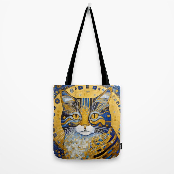 Geometric Blue and Gold Klimt Cat Tote Bag Gallery Image 2