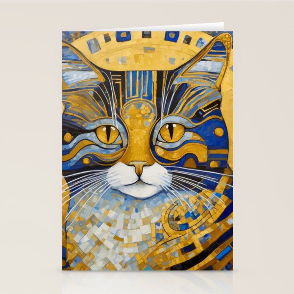 Geometric Blue and Gold Klimt Cat Stationery Card Gallery Image 2
