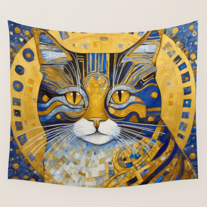 Geometric Blue and Gold Klimt Cat Wall Tapestry Gallery Image 4
