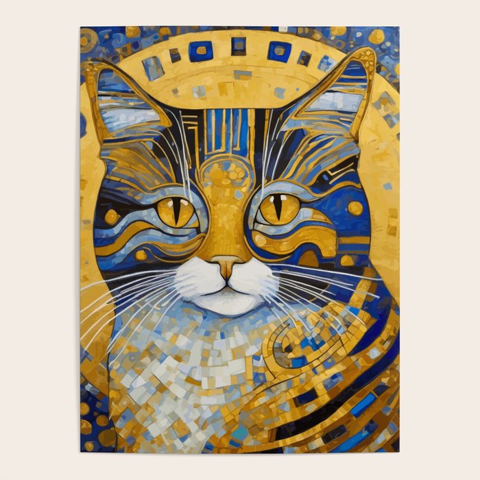 Geometric Blue and Gold Klimt Cat Poster Gallery Image 4