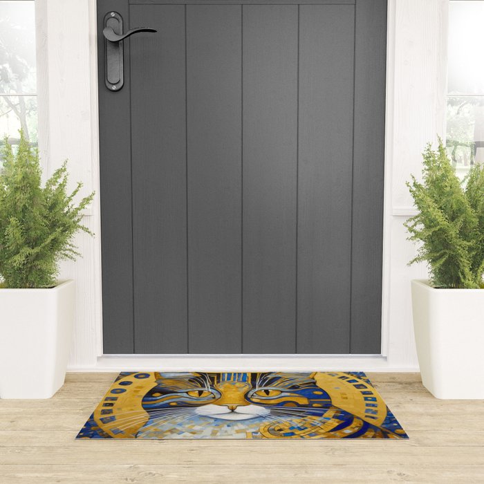 Geometric Blue and Gold Klimt Cat Welcome Mat Gallery Image 3