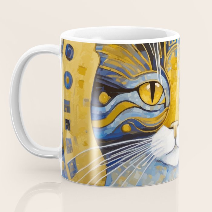 Geometric Blue and Gold Klimt Cat Coffee Mug Gallery Image 3